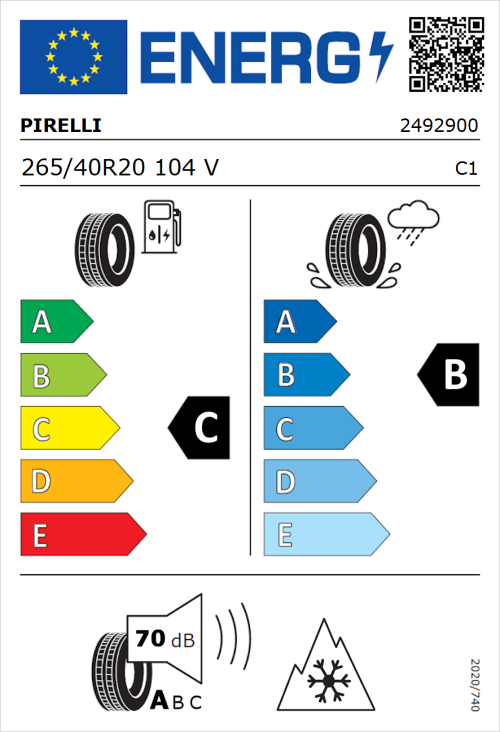 Tyre Label for Pirelli Winter Sottozero 3 265/40R20 104V