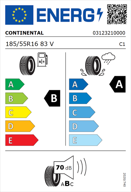 Tyre Label for Continental UltraContact 185/55R16 83V