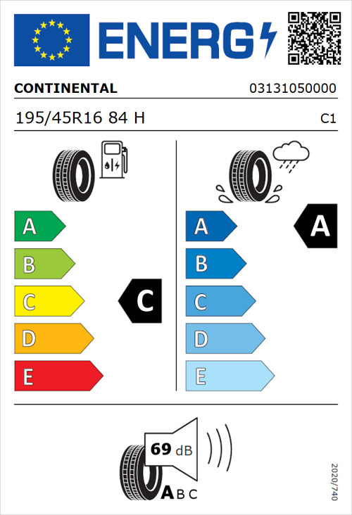 Tyre Label for Continental UltraContact 195/45R16 84H