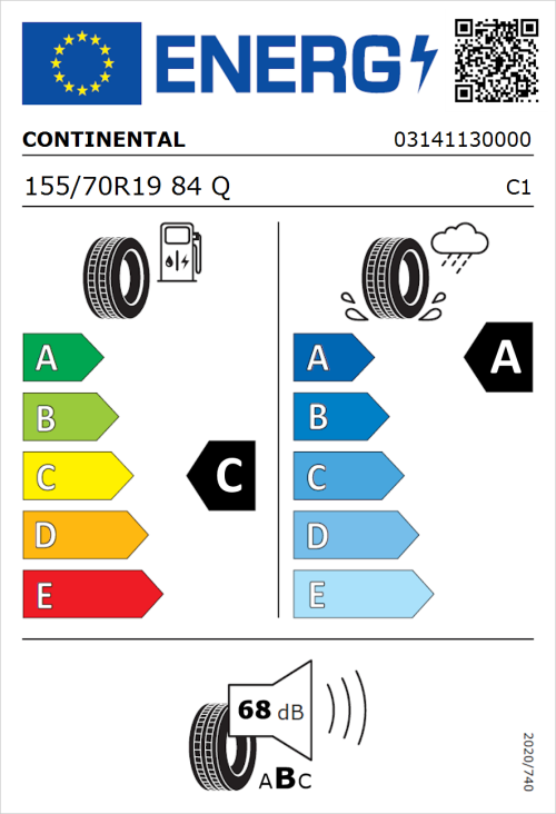 Tyre Label for Continental UltraContact 155/70R19 84Q