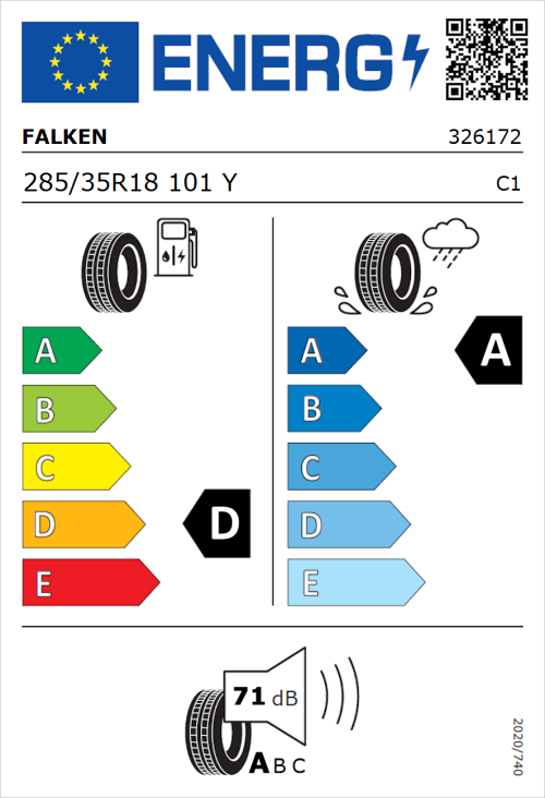 Tyre Label for Falken Azenis FK510 285/35R18 101Y